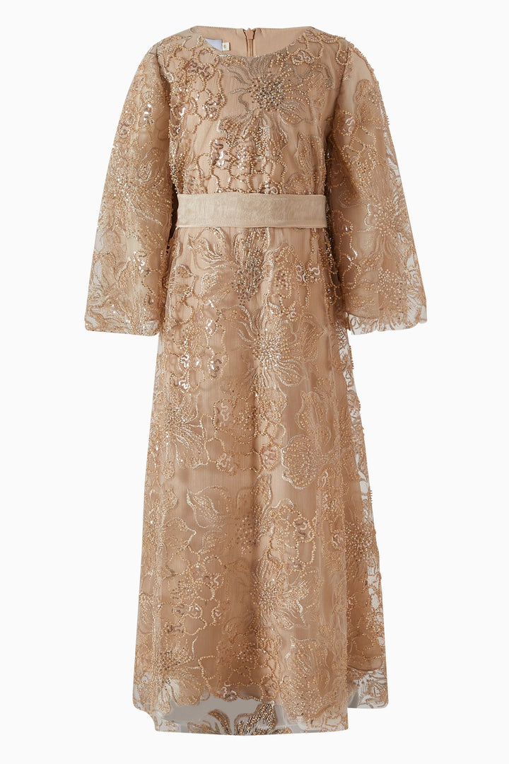 فستان ميدي من الدانتيل المطرز برباط عند الخصر - ذهبي