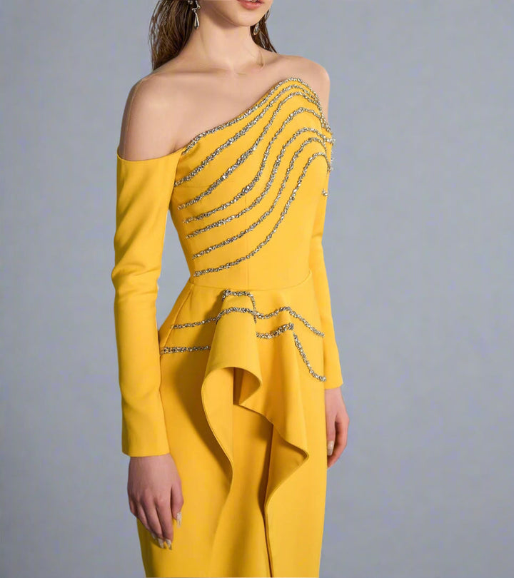 Off-shoulder draped column gown with crystal embellishments – AUKOMA