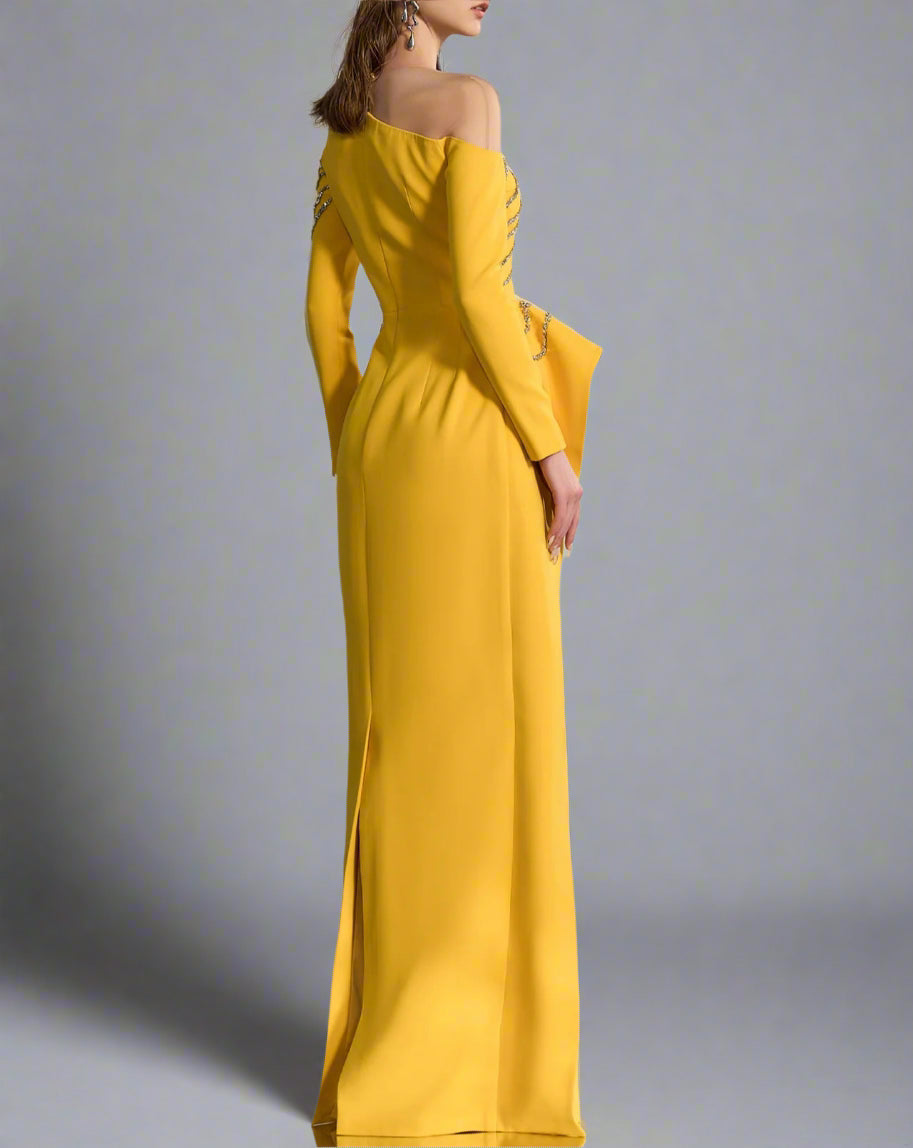 Off-shoulder draped column gown with crystal embellishments – AUKOMA