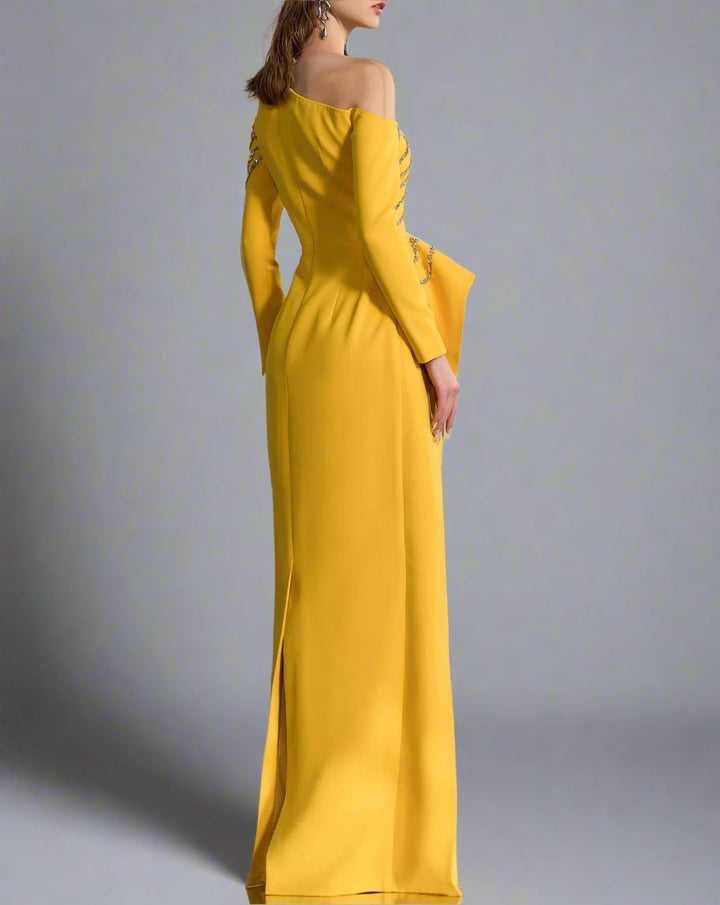 Off-shoulder draped column gown with crystal embellishments – AUKOMA