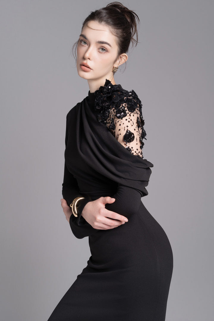 فستان مزين غير متماثل على الكتف – موسيقى ليلية