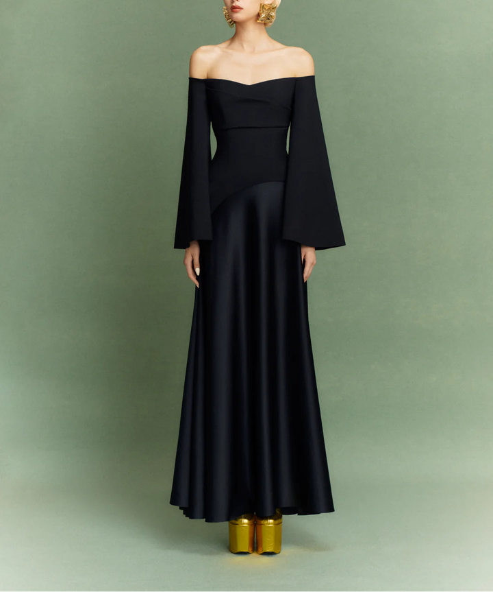 off-shoulder flared-sleeve gown with satin A-line skirt – RINA