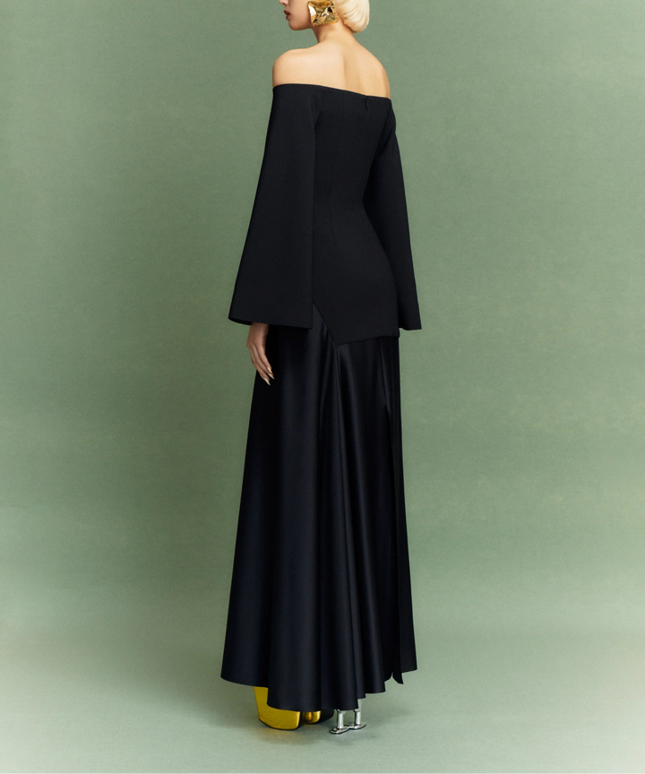 off-shoulder flared-sleeve gown with satin A-line skirt – RINA