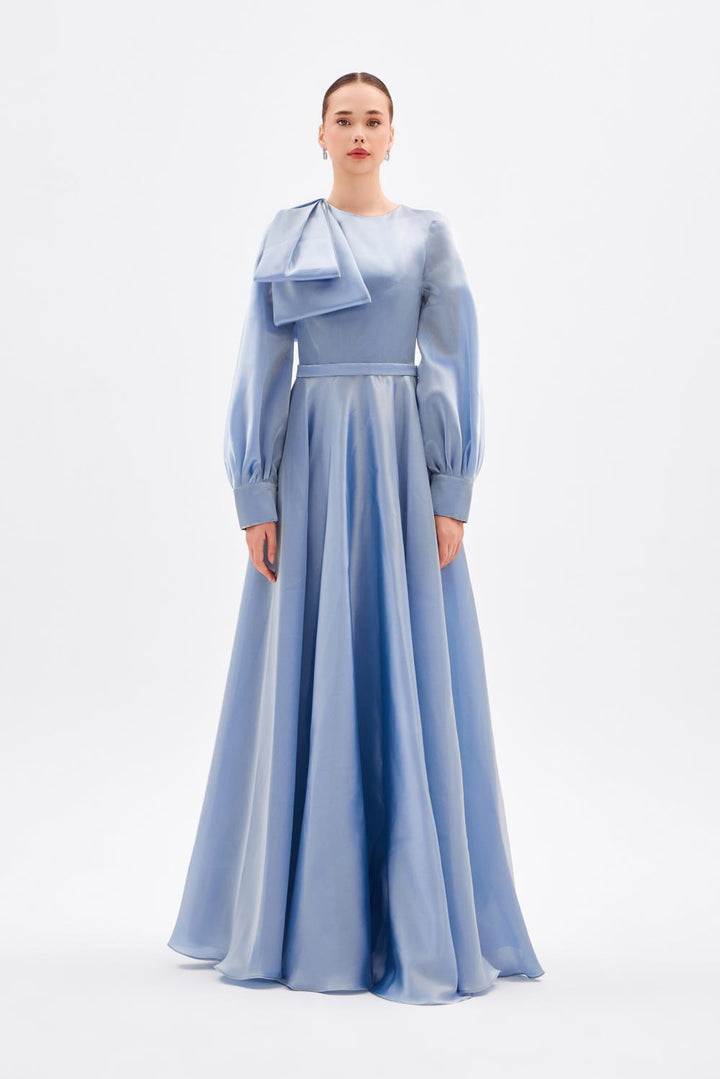long-sleeve satin gown with sculpted shoulder bow – FUCHSIAE