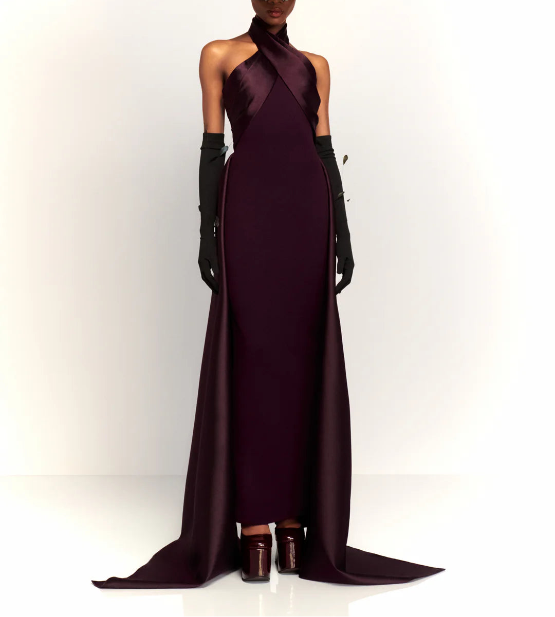 halter column dress with sculpted cross-neck and cape train – RUMI