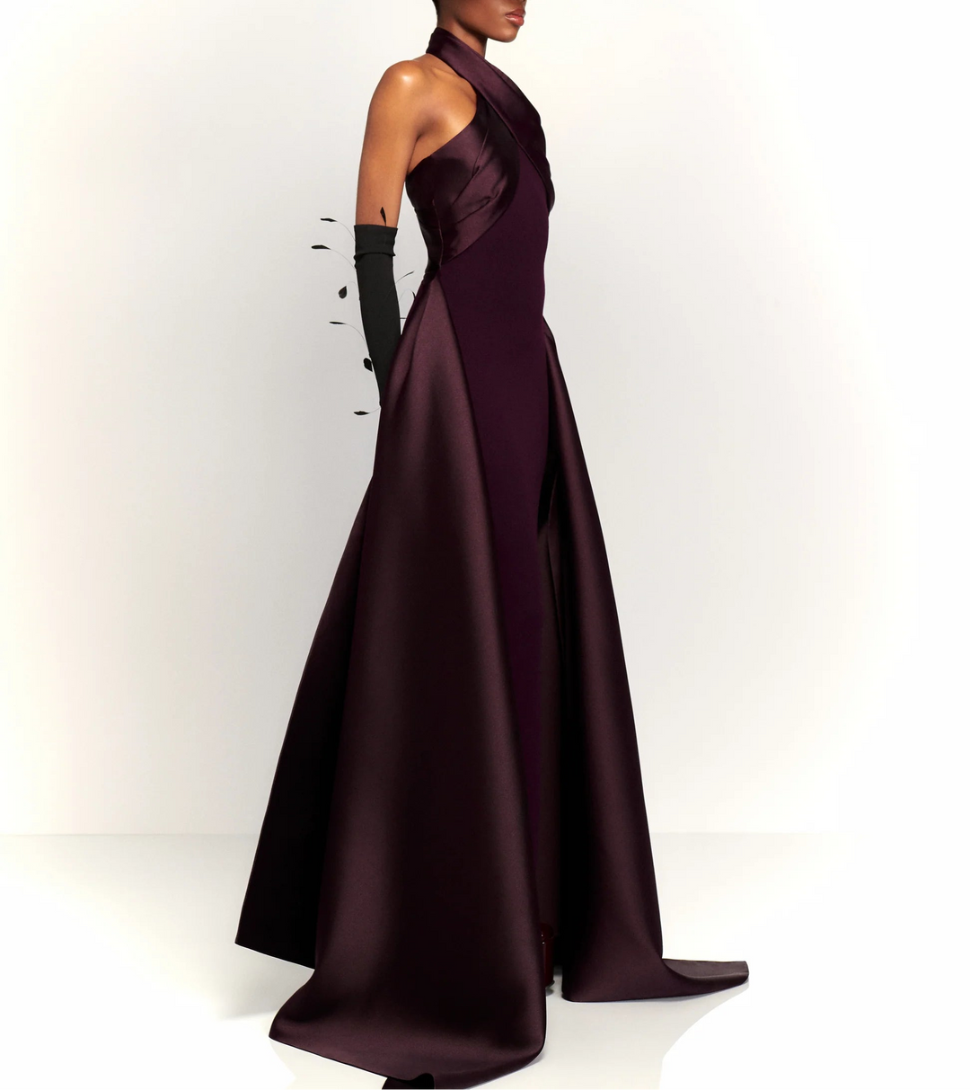 halter column dress with sculpted cross-neck and cape train – RUMI