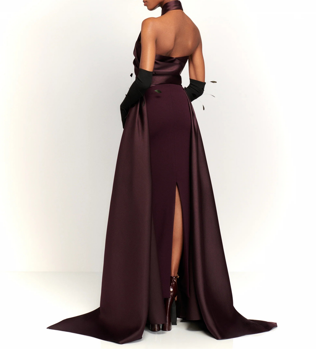 halter column dress with sculpted cross-neck and cape train – RUMI