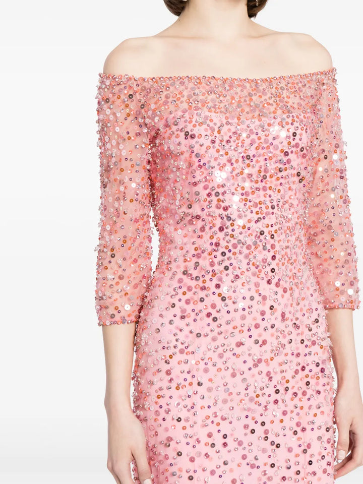 off-shoulder sequin gown with sheer sleeves – MIDNIGHT