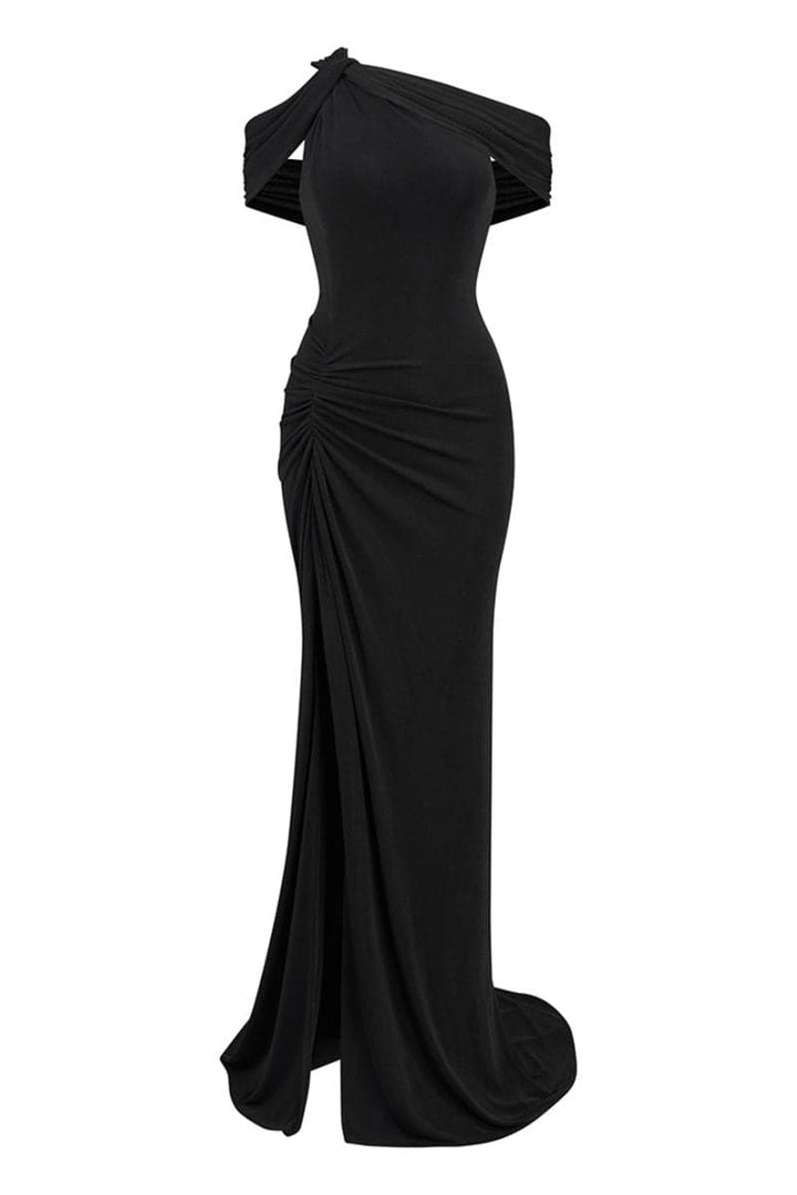 off-shoulder draped gown with high slit – SERENA