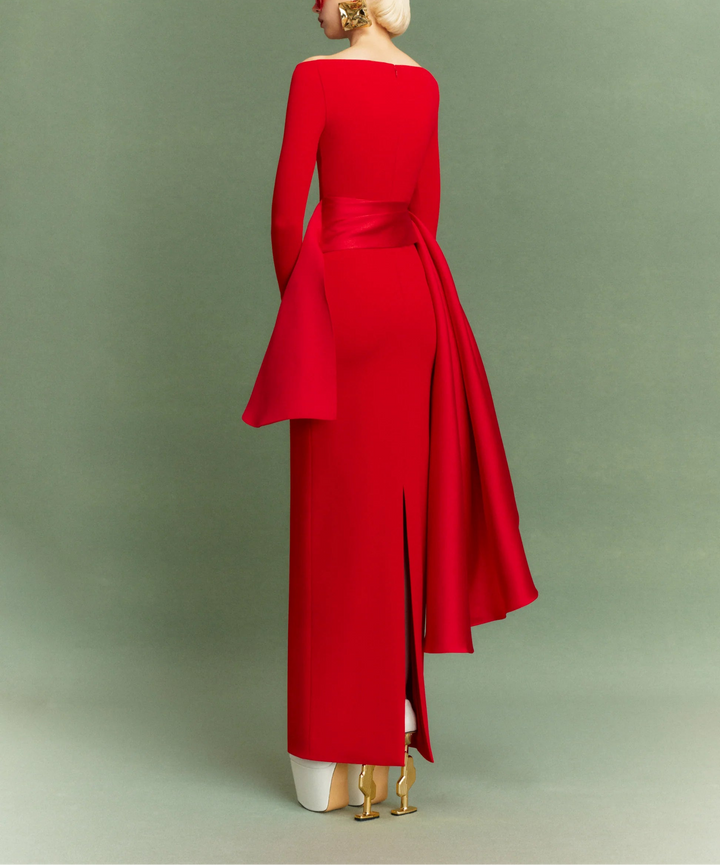 long-sleeve column dress with asymmetric draped panels – KIANA