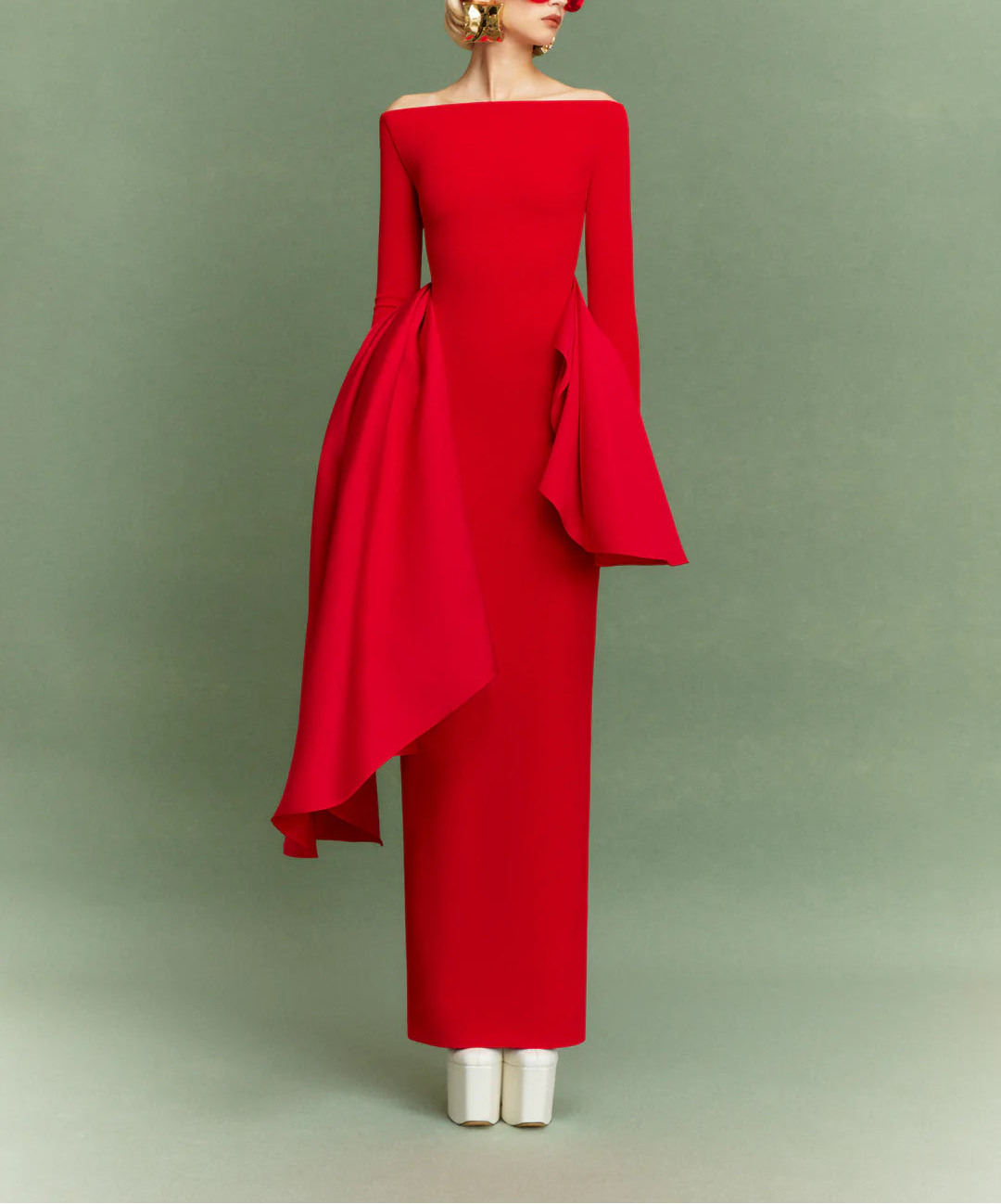 long-sleeve column dress with asymmetric draped panels – KIANA