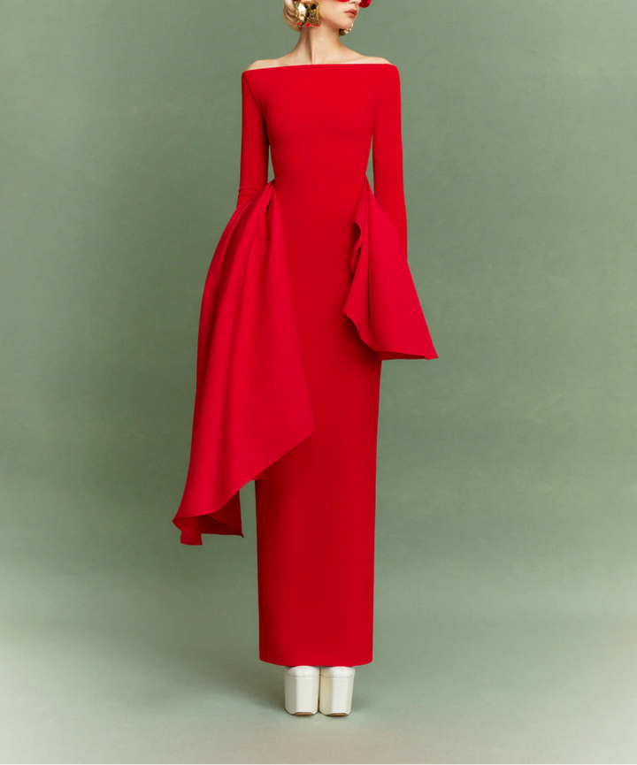 long-sleeve column dress with asymmetric draped panels – KIANA