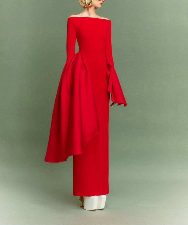 long-sleeve column dress with asymmetric draped panels – KIANA