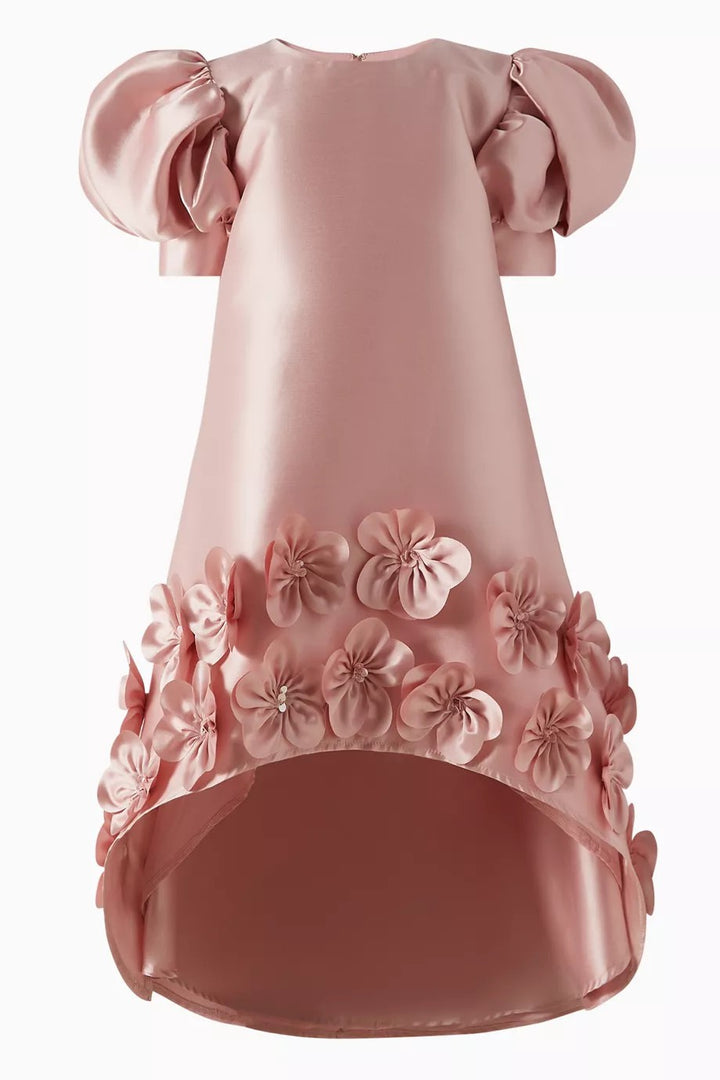 Puff Sleeve Satin Mini Dress with Floral Appliqué – BLUSH