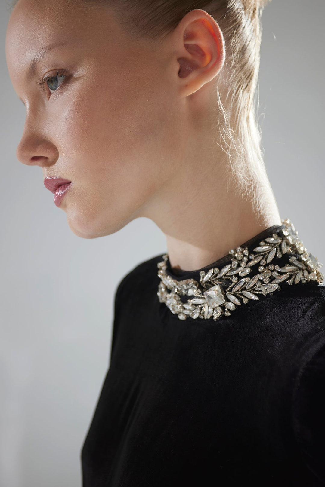 long-sleeve velvet column gown with crystal neckline – NOIRÉ