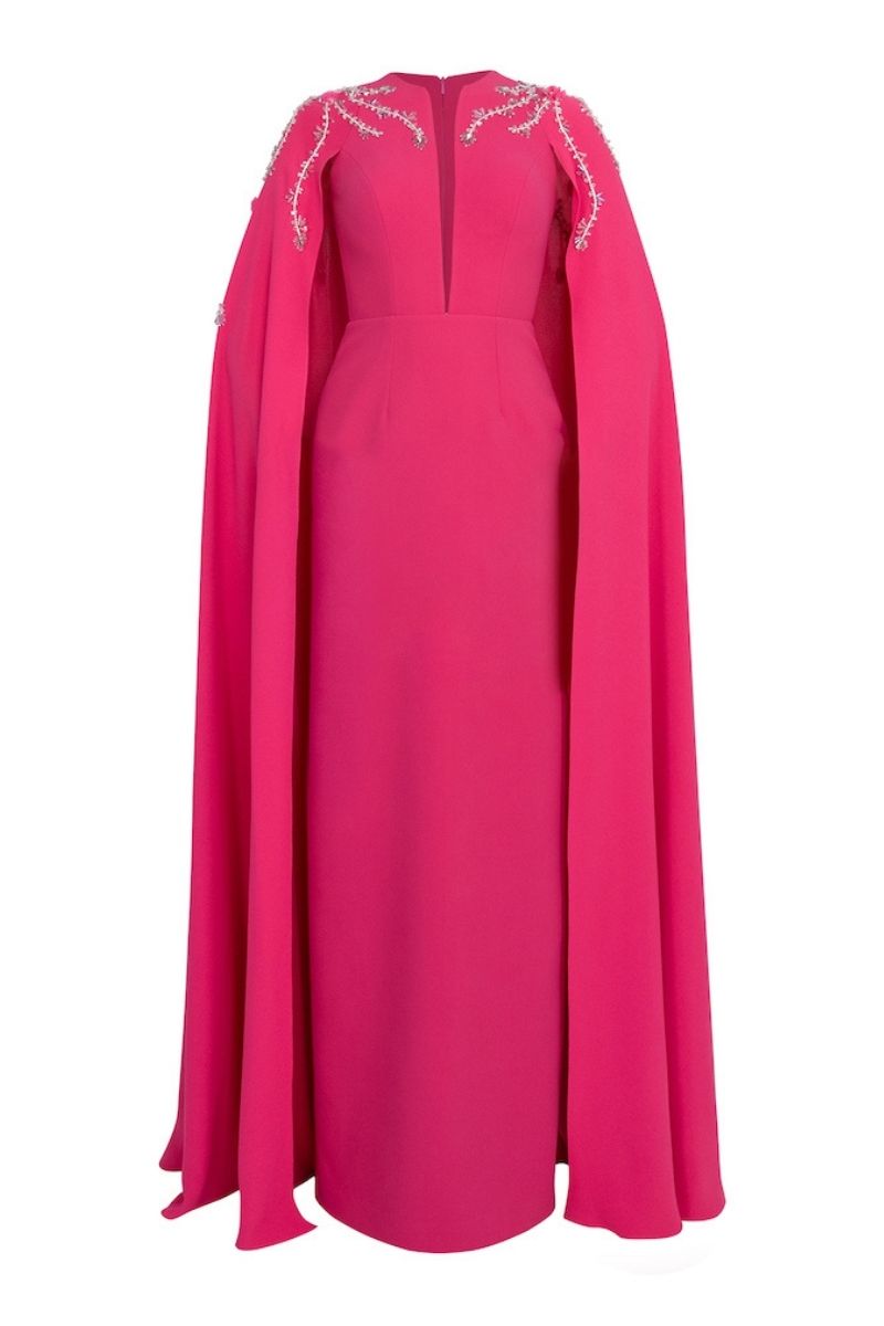 embellished cape gown with front slit – FUCHSIAE