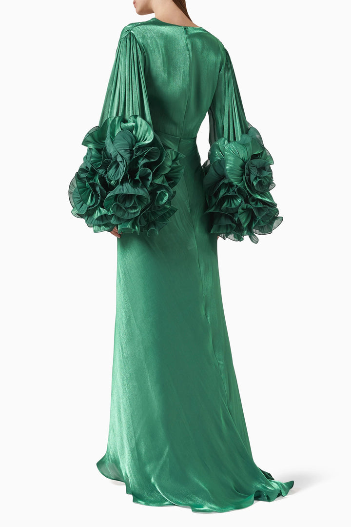 ruched satin gown with ruffled sleeves – EMERALD