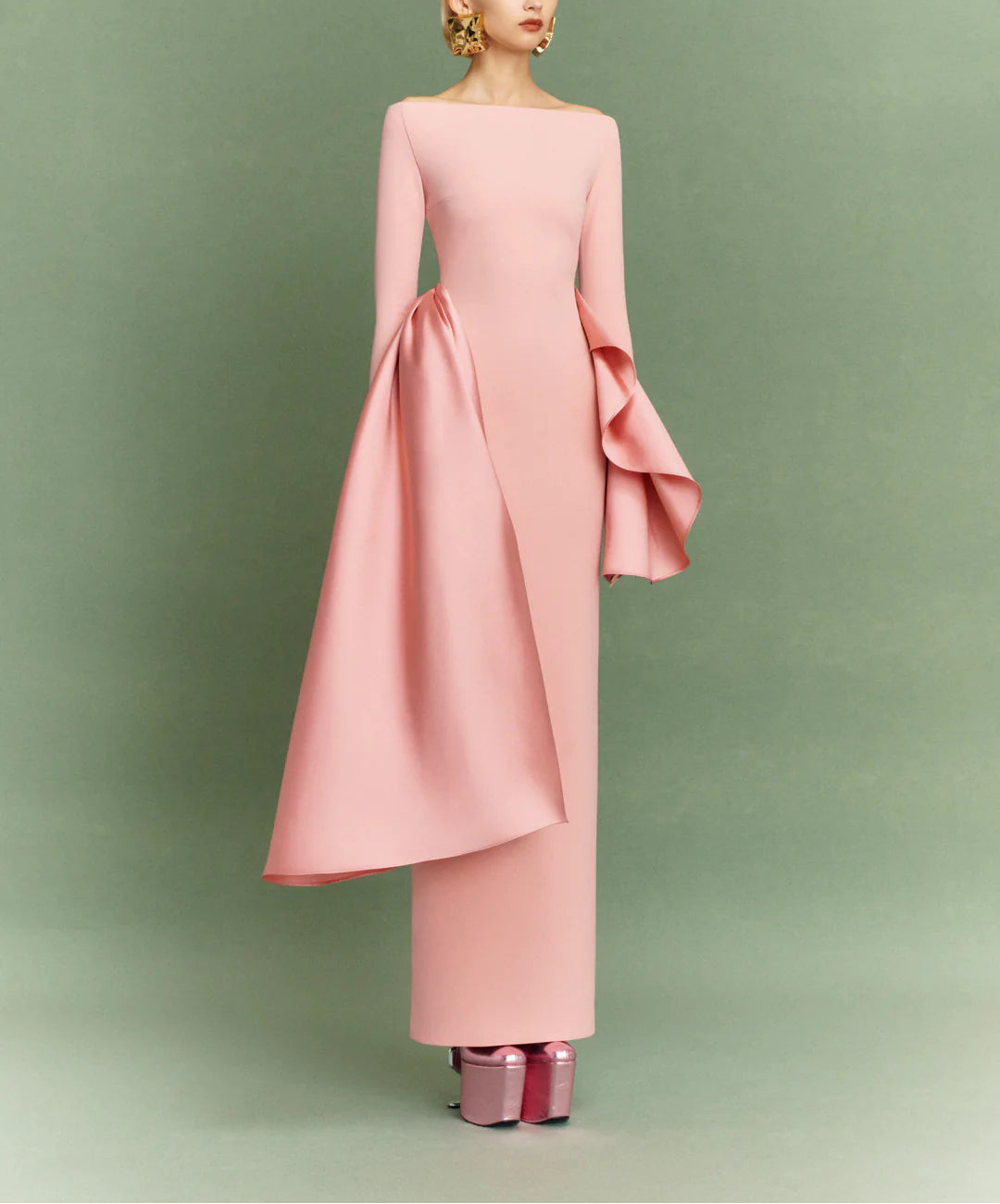 long-sleeve column dress with asymmetric draped panels – KIANA