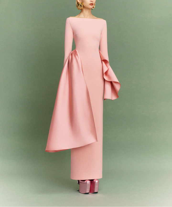 long-sleeve column dress with asymmetric draped panels – KIANA