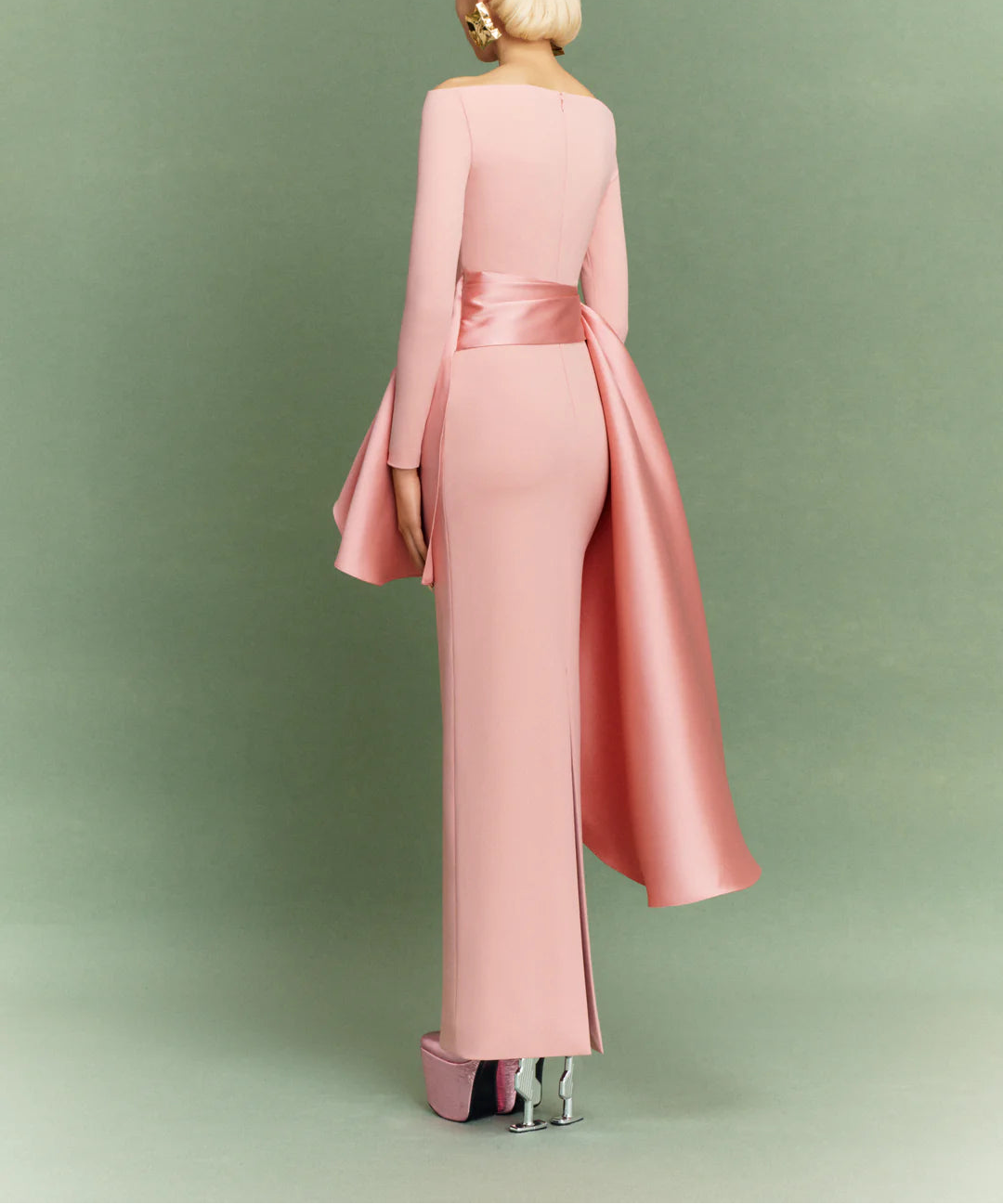 long-sleeve column dress with asymmetric draped panels – KIANA