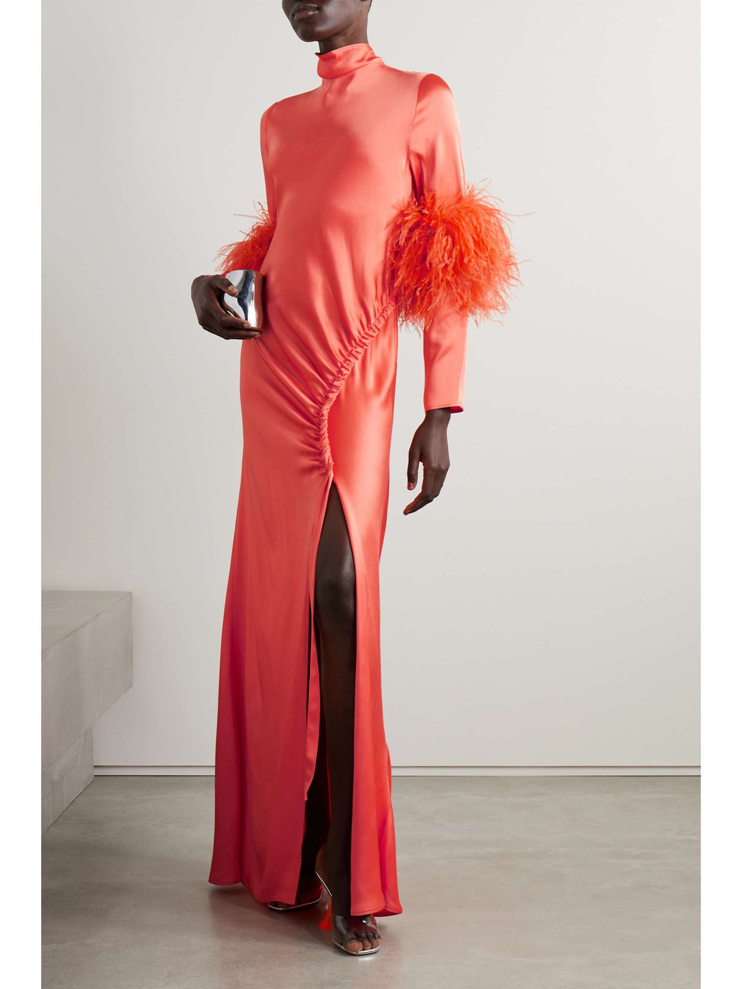 satin gown with feather cuffs and ruched slit – EMERALD FLAIR