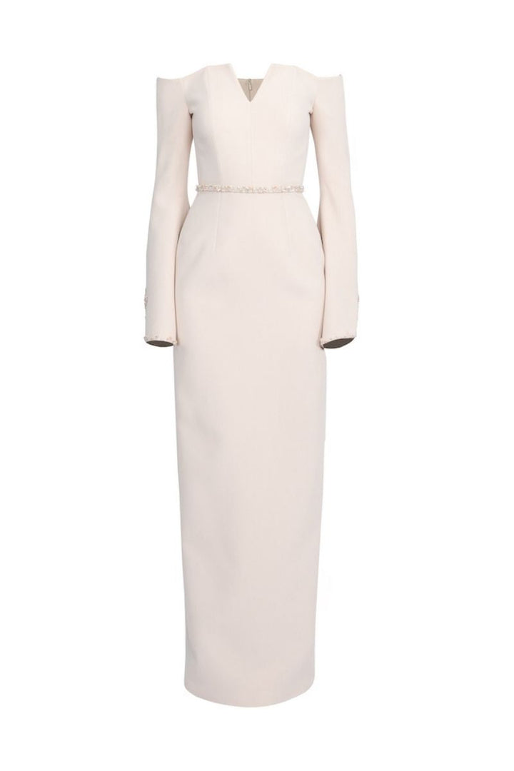 فستان عمودي مكشوف الكتفين بأكمام واسعة مطرزة – احمرار