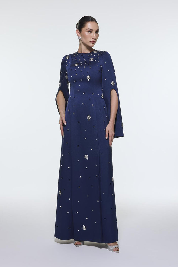 long-sleeve column gown with scattered crystal embellishments – NOIRÉ