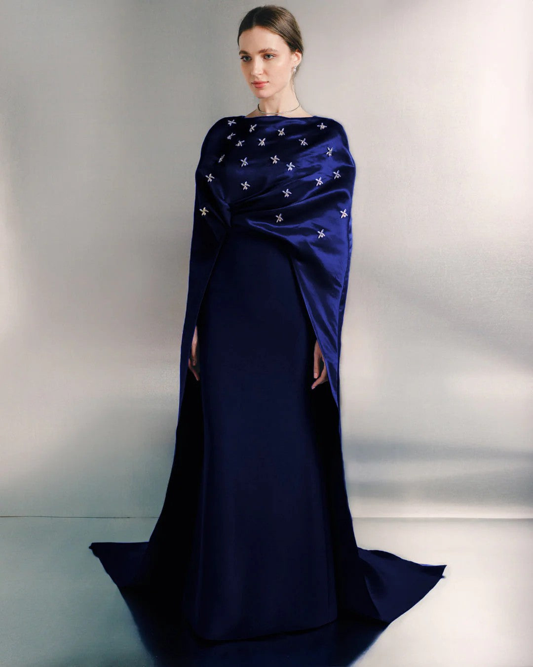 embellished satin cape evening gown – AZURELLE