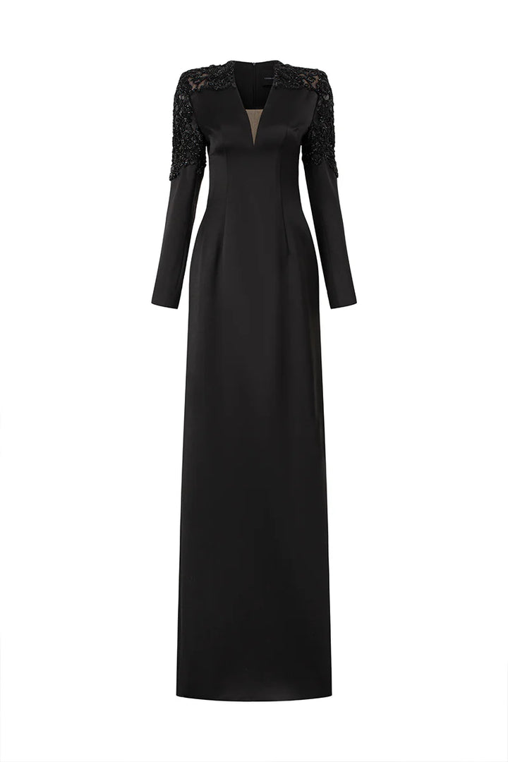 embellished shoulder gown with plunging neckline – NOCTURNE