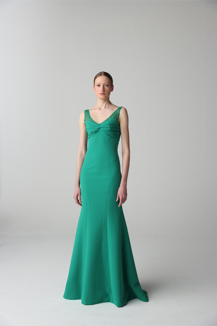 V-neck mermaid gown with lace straps – EMERALD