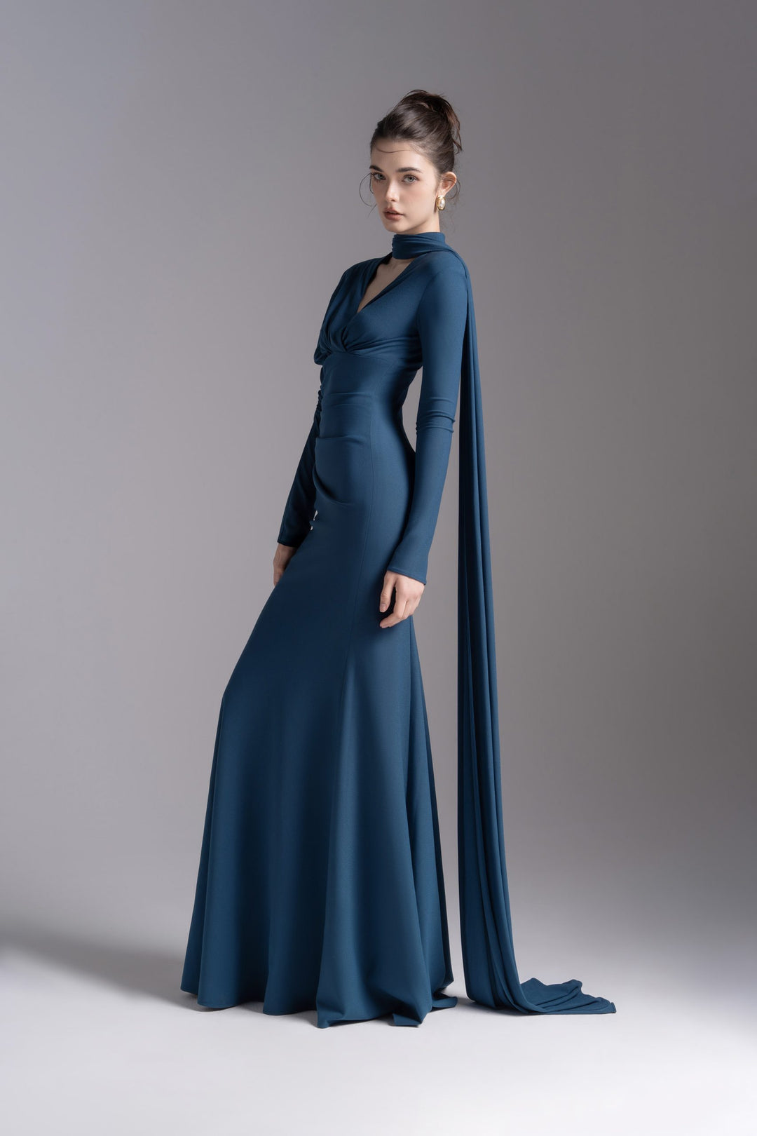 Draped V-neck gown with scarf detail – AURELIA