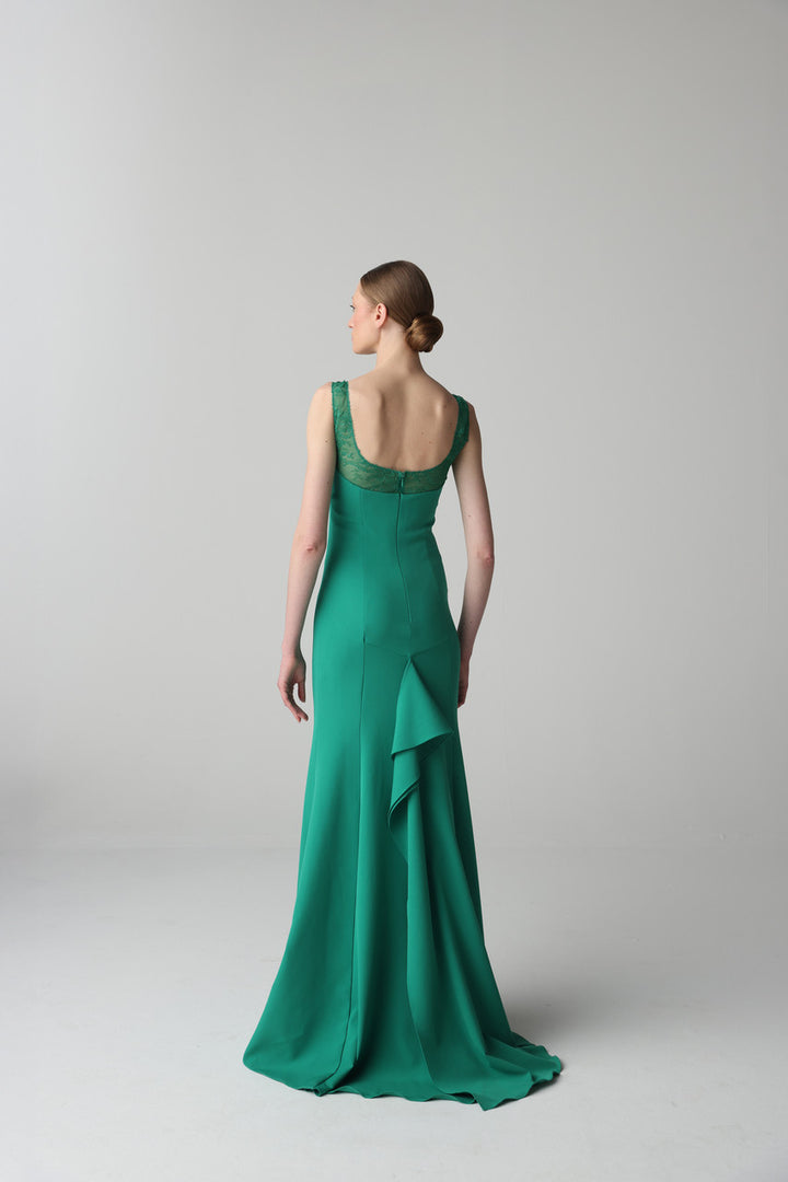 V-neck mermaid gown with lace straps – EMERALD