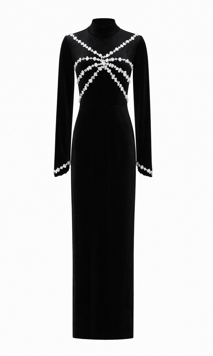 embellished velvet midi dress with crystal motif – NOCTURNE