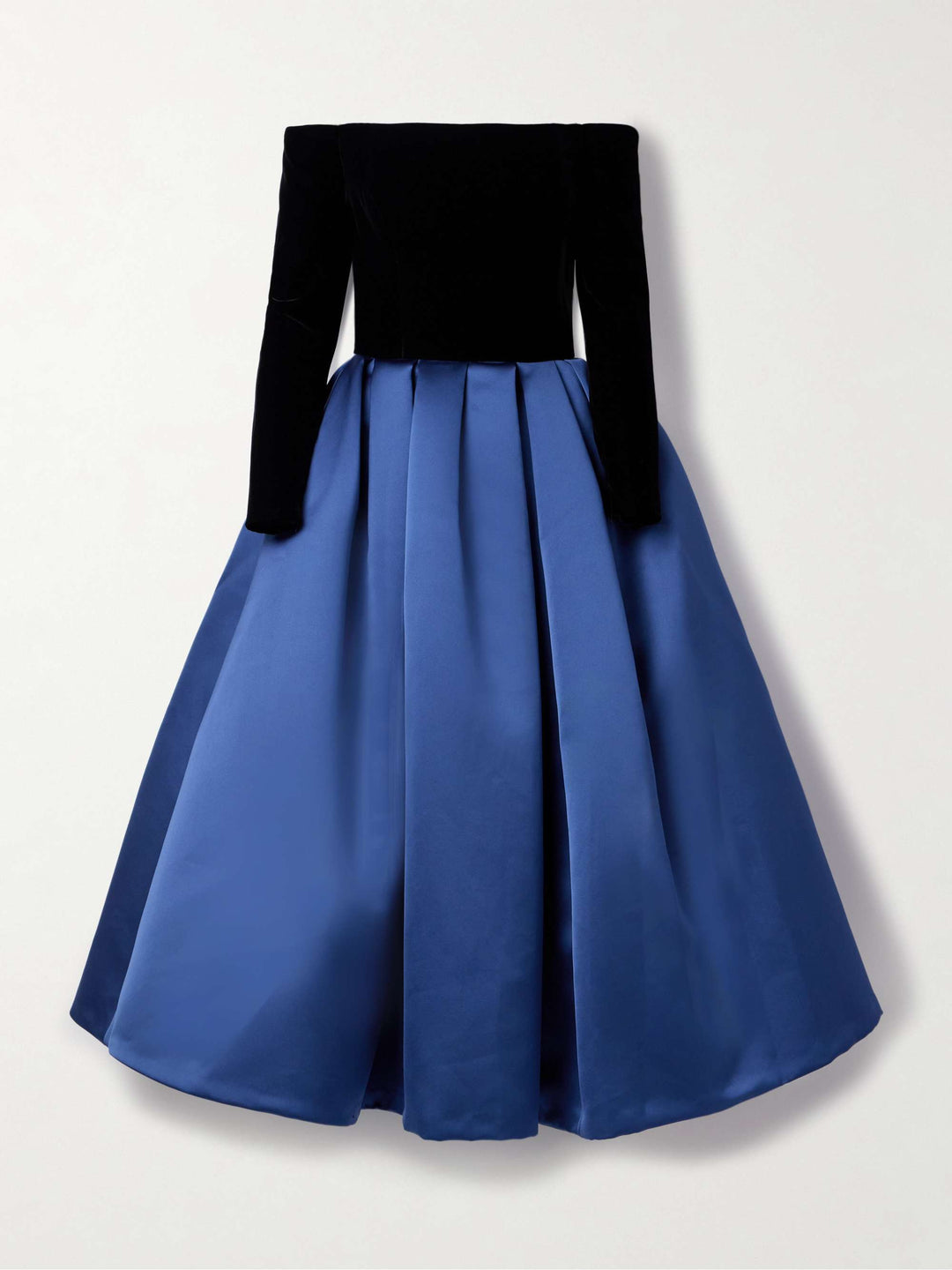 off-shoulder velvet top dress with satin pleated skirt – NOIR BLUE