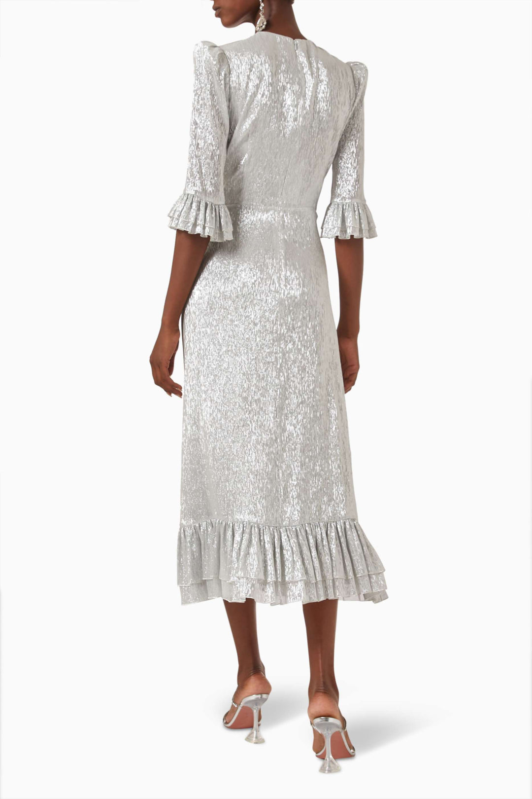 metallic midi dress with ruffled sleeves and hem – SERENA