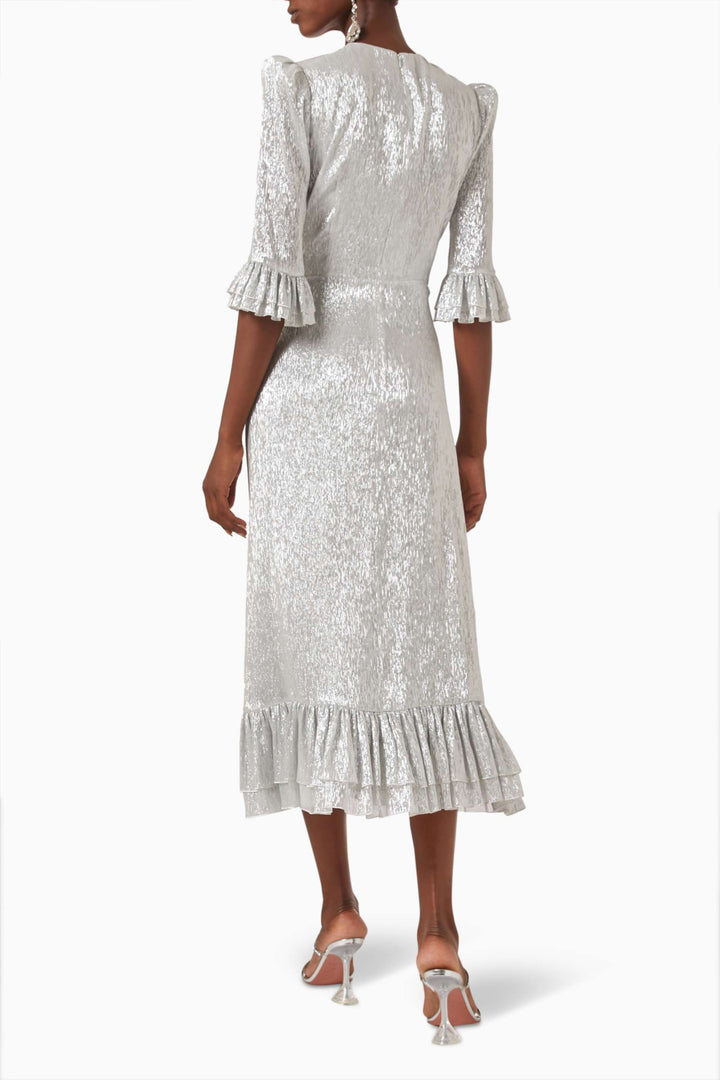 metallic midi dress with ruffled sleeves and hem – SERENA