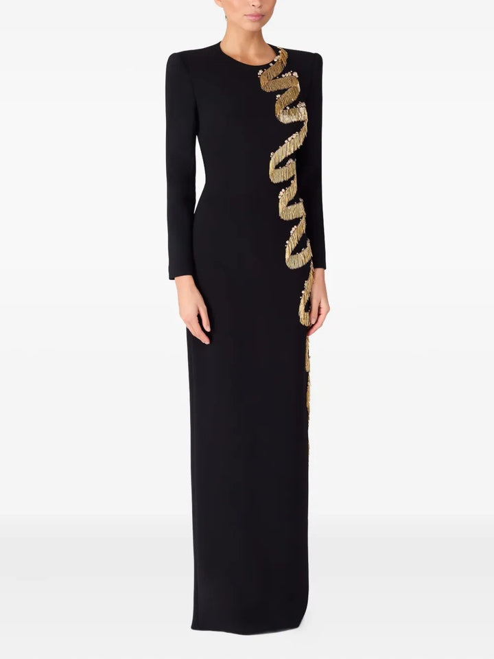 long-sleeve gown with cascading sequin ribbon – SAPPHIRE