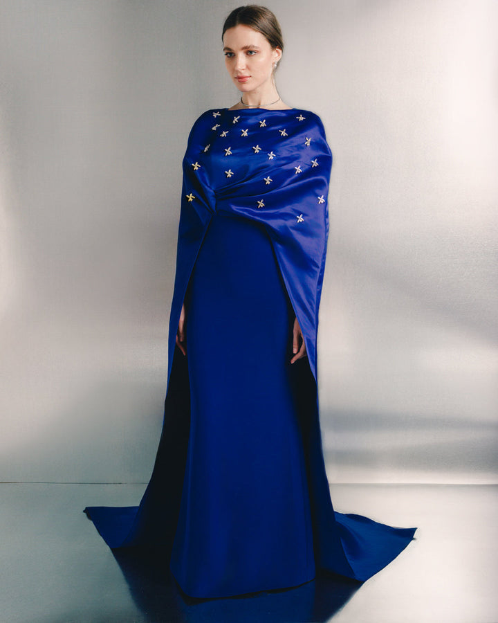 embellished satin cape evening gown – AZURELLE