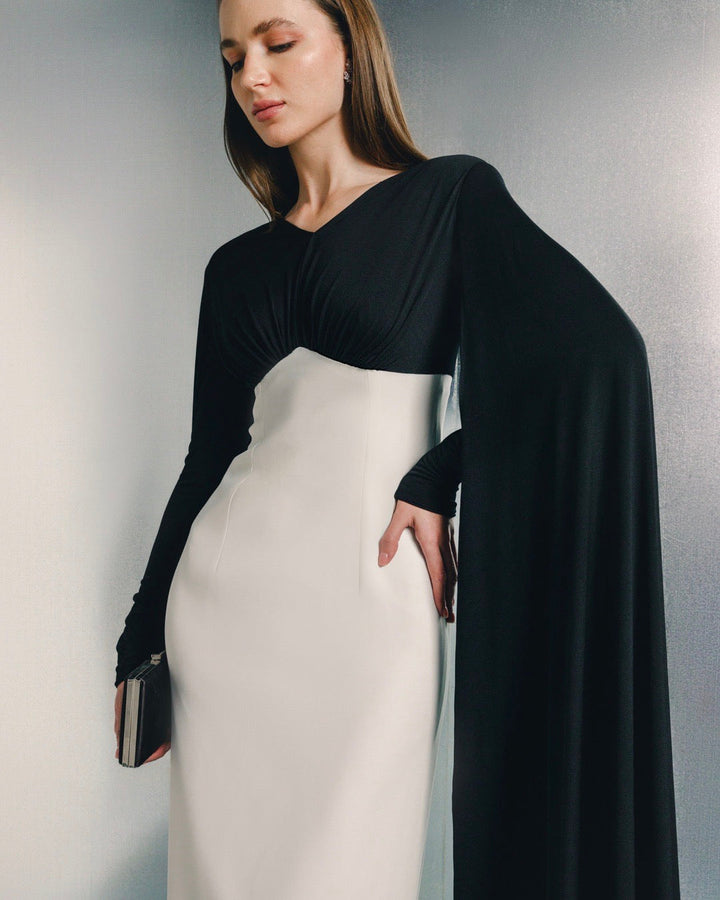 two-tone column gown with sheer draped sleeves – NOIRELLE