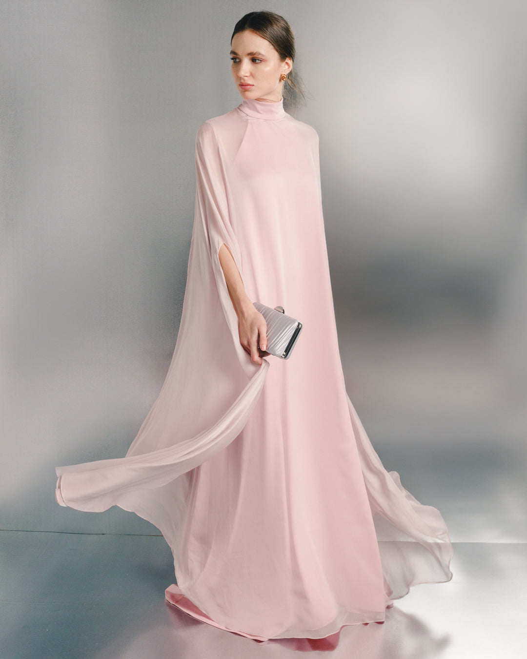 sheer cape maxi gown with high neckline – BLUSH