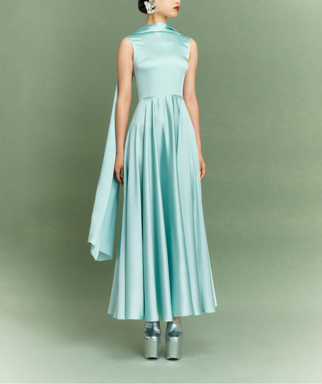 sleeveless high-neck flared maxi dress with draped collar – EMELIA