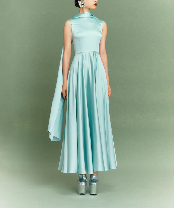 sleeveless high-neck flared maxi dress with draped collar – EMELIA