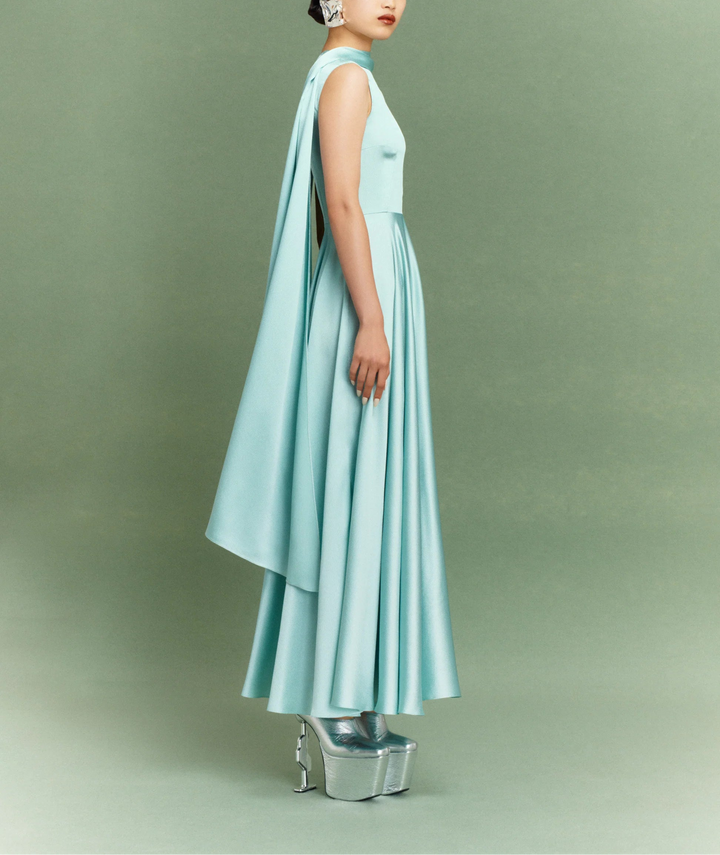 sleeveless high-neck flared maxi dress with draped collar – EMELIA