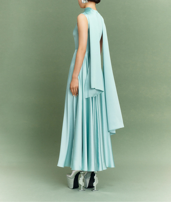 sleeveless high-neck flared maxi dress with draped collar – EMELIA