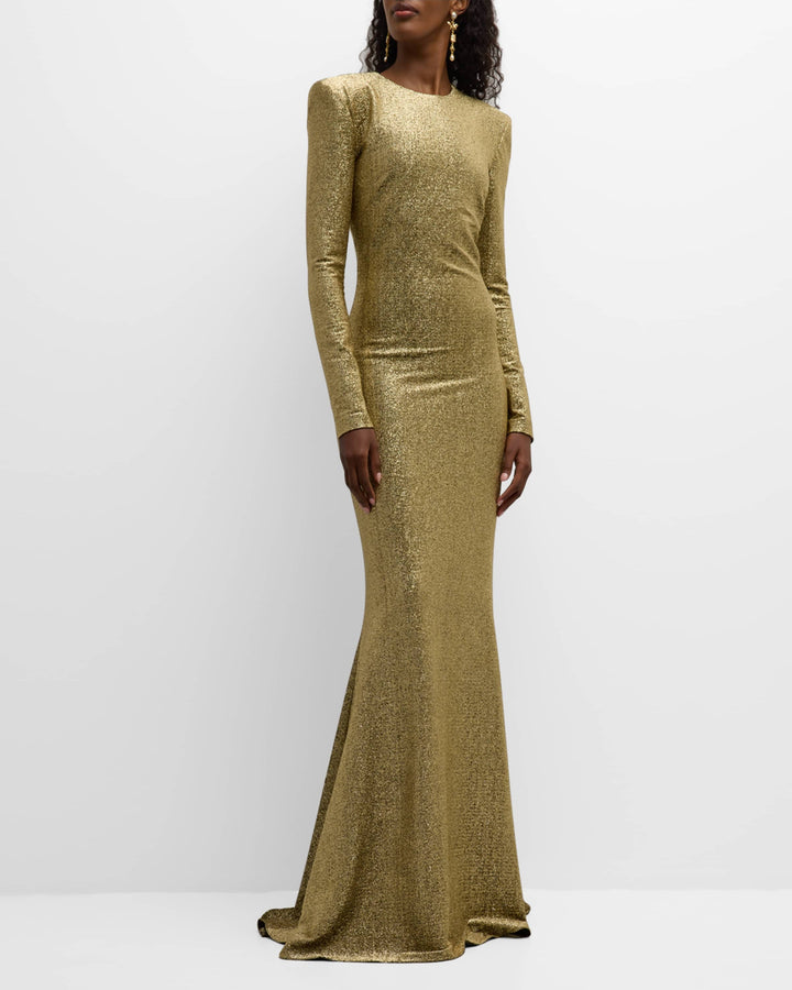 metallic long-sleeve gown with flared hem – AURORA