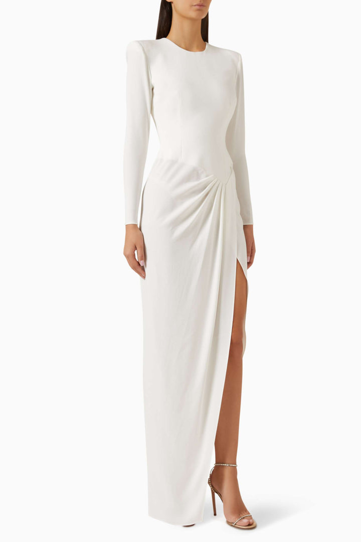 long-sleeve draped slit gown – AZURED