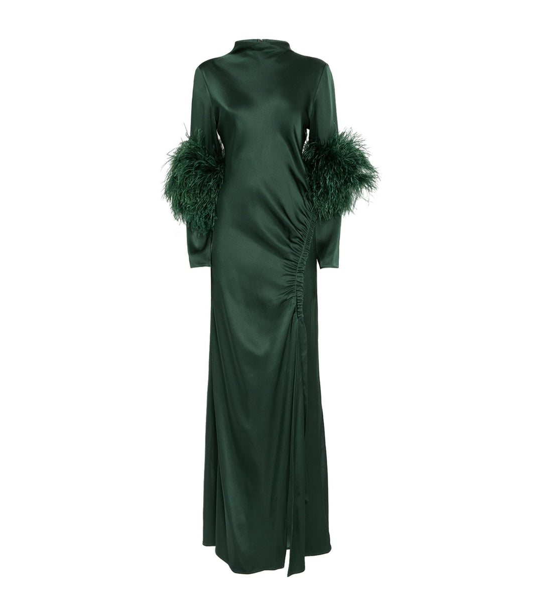 satin gown with feather cuffs and ruched slit – EMERALD FLAIR
