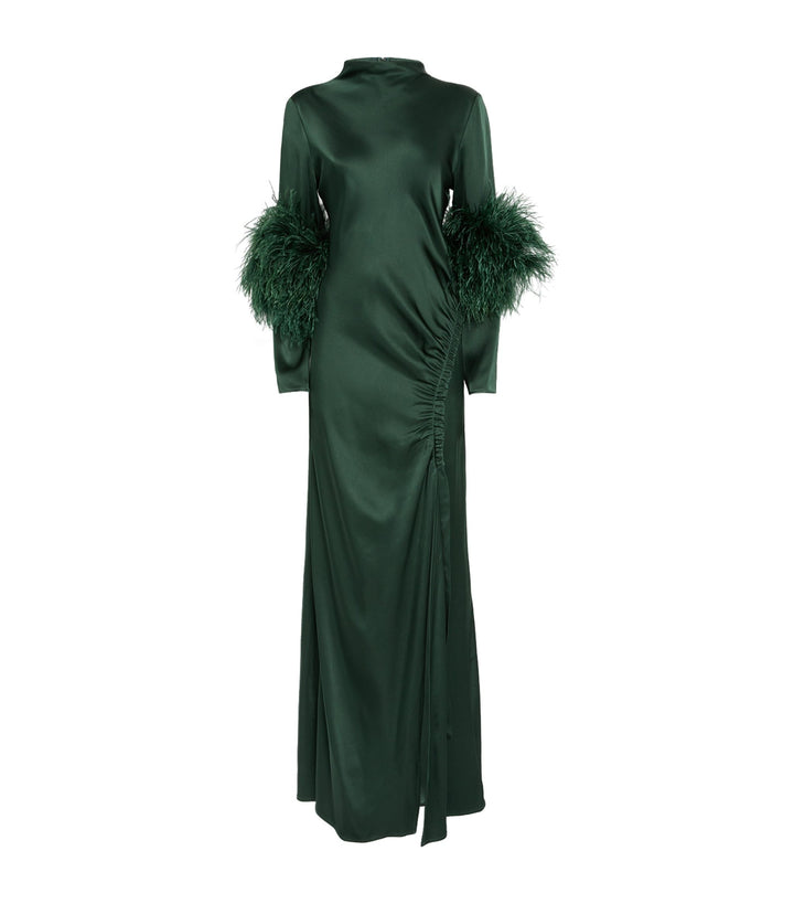satin gown with feather cuffs and ruched slit – EMERALD FLAIR