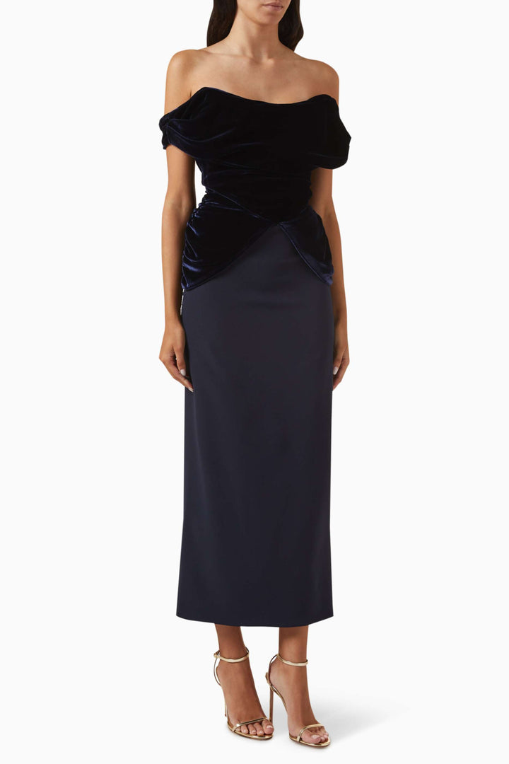 off-shoulder velvet bodice midi gown – MIDNIGHT