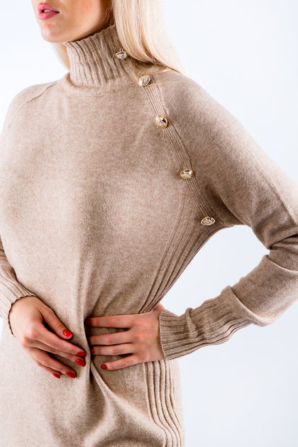 ribbed turtleneck knit dress with side buttons – ALORA